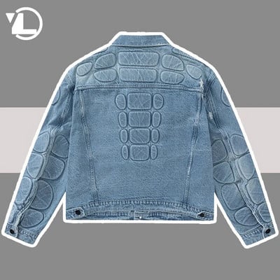Jachetă de blugi retro convexă din carapace țestoasă pentru bărbați, hip hop, cu gaură ruptă, haine bombe Harajuku, decupate stradă, blugi de toamnă
