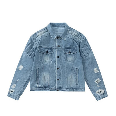 Jachetă de blugi retro convexă din carapace țestoasă pentru bărbați, hip hop, cu gaură ruptă, haine bombe Harajuku, decupate stradă, blugi de toamnă