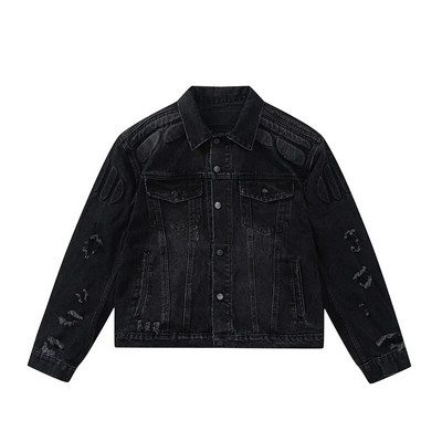 Jachetă de blugi retro convexă din carapace țestoasă pentru bărbați, hip hop, cu gaură ruptă, haine bombe Harajuku, decupate stradă, blugi de toamnă