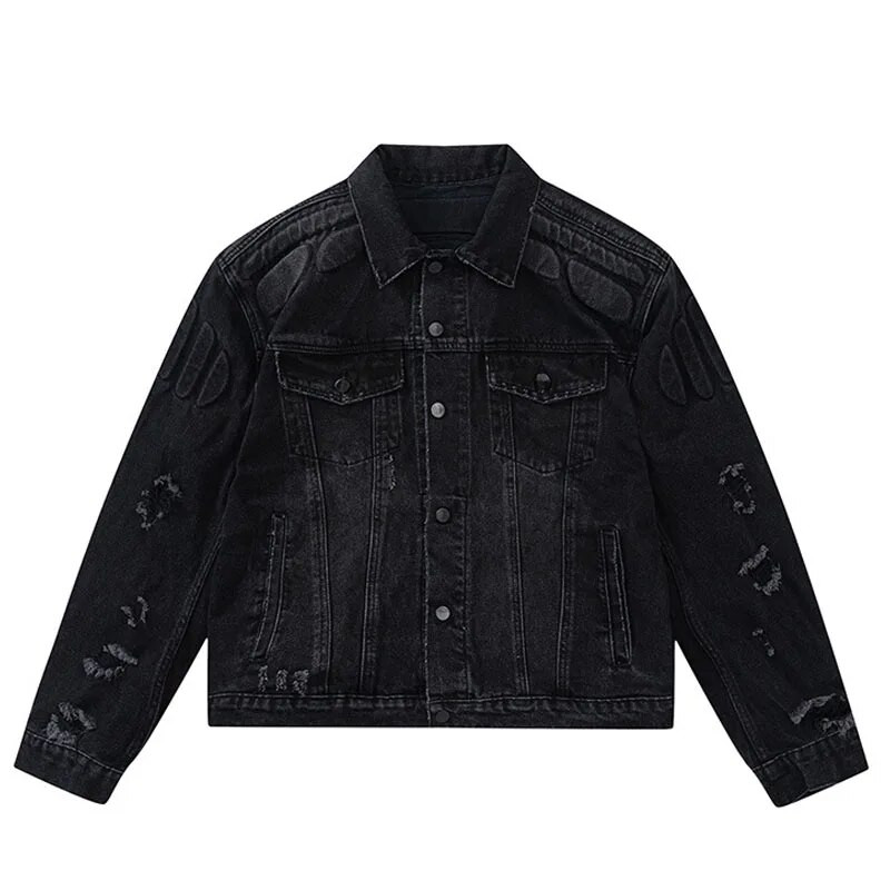 Jachetă de blugi retro convexă din carapace țestoasă pentru bărbați, hip hop, cu gaură ruptă, haine bombe Harajuku, decupate stradă, blugi de toamnă