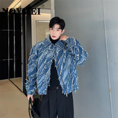 NOYMEI jachetă de blugi cu personalitate toamna 2024, la modă, cu ciucuri, rever, stil coreean, cu tăiere, cu fermoar, haină scurtă pentru bărbați WA2650