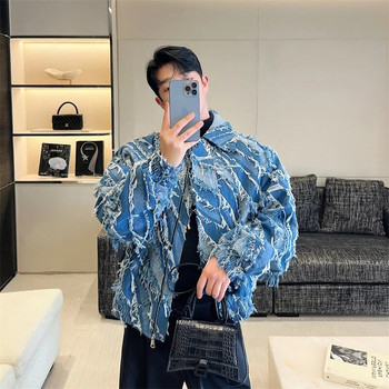 NOYMEI Personality Denim Jacket Есен 2024 Модно яке с пискюли и ревери Корейски стил Късо палто с цип Мъжки WA2650