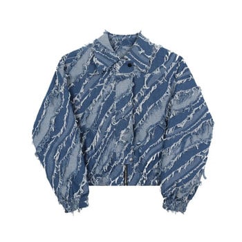 NOYMEI Personality Denim Jacket Есен 2024 Модно яке с пискюли и ревери Корейски стил Късо палто с цип Мъжки WA2650