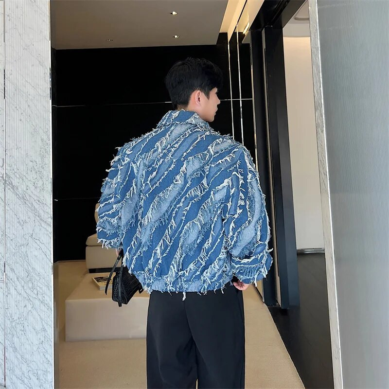 NOYMEI jachetă de blugi cu personalitate toamna 2024, la modă, cu ciucuri, rever, stil coreean, cu tăiere, cu fermoar, haină scurtă pentru bărbați WA2650