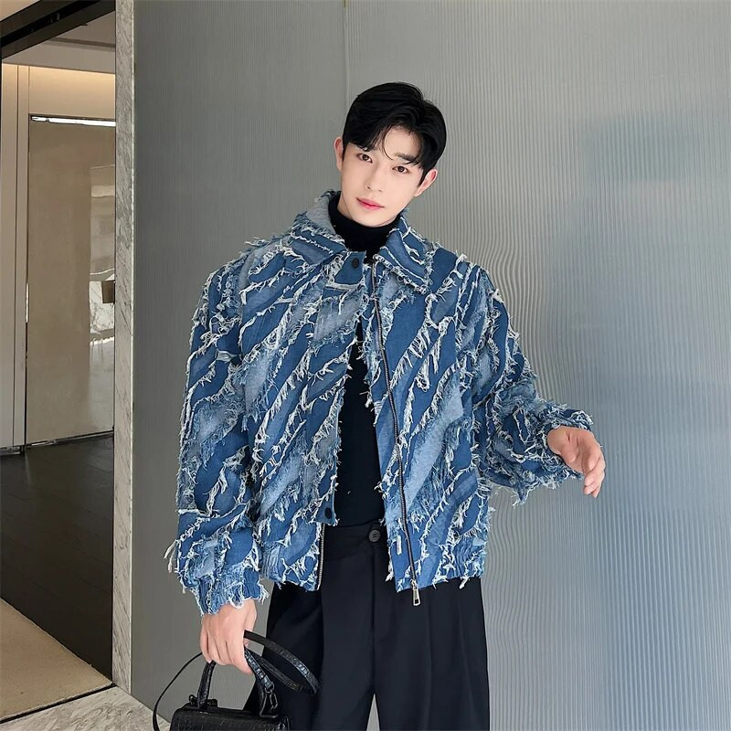 NOYMEI jachetă de blugi cu personalitate toamna 2024, la modă, cu ciucuri, rever, stil coreean, cu tăiere, cu fermoar, haină scurtă pentru bărbați WA2650