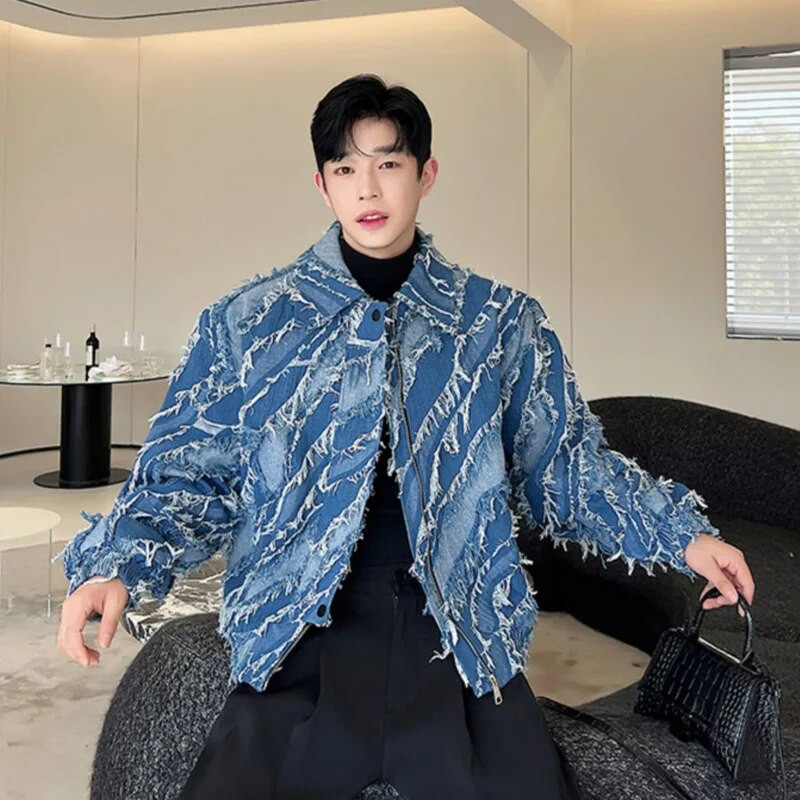 NOYMEI jachetă de blugi cu personalitate toamna 2024, la modă, cu ciucuri, rever, stil coreean, cu tăiere, cu fermoar, haină scurtă pentru bărbați WA2650