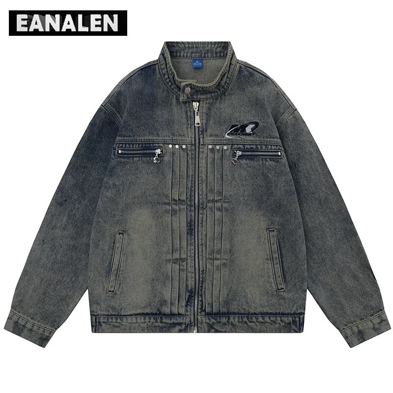 Harajuku retro čierna motorkárska závodná džínsová bunda pánska krátka nadrozmerná punk rocková batikovaná bunda na zips dámska motorkárska grunge bunda