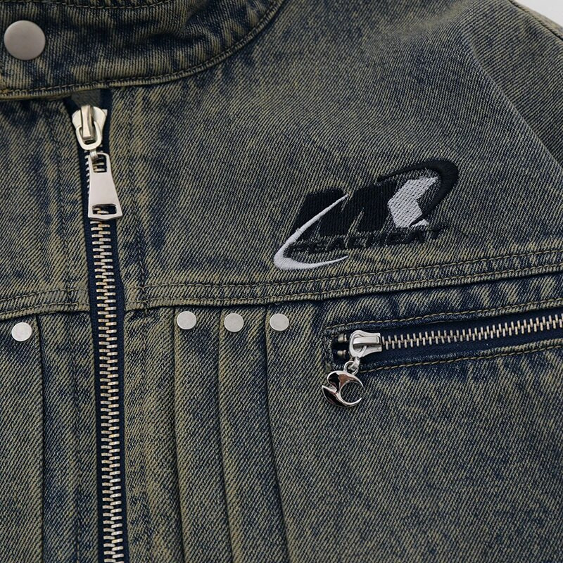 Harajuku retro čierna motorkárska závodná džínsová bunda pánska krátka nadrozmerná punk rocková batikovaná bunda na zips dámska motorkárska grunge bunda