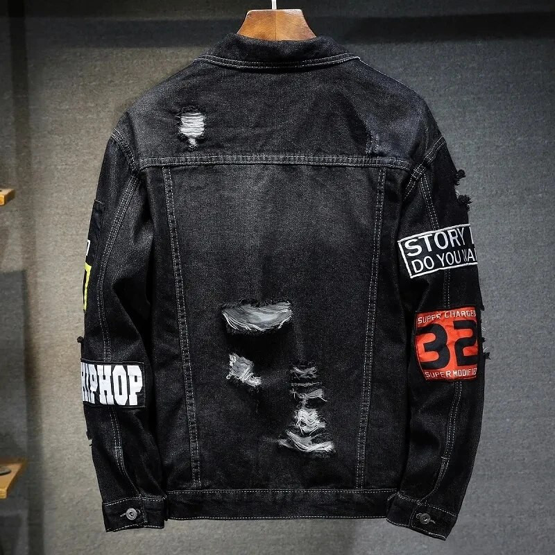 Ανδρικό τζιν μπουφάν Hip Hop Streetwear Punk Motorcycle Ripped Print Cowboy Outwear Υψηλής ποιότητας casual Hole Ανδρικό τζιν παλτό