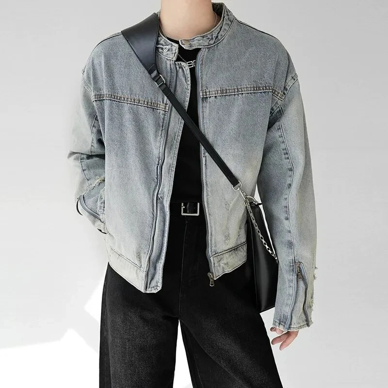 Umyte si vintage džínsovú bundu pre mužov a ženy, voľné kovbojské kabáty s zipsom, dizajnom Distress, unisex japonské univerzitné bundy
