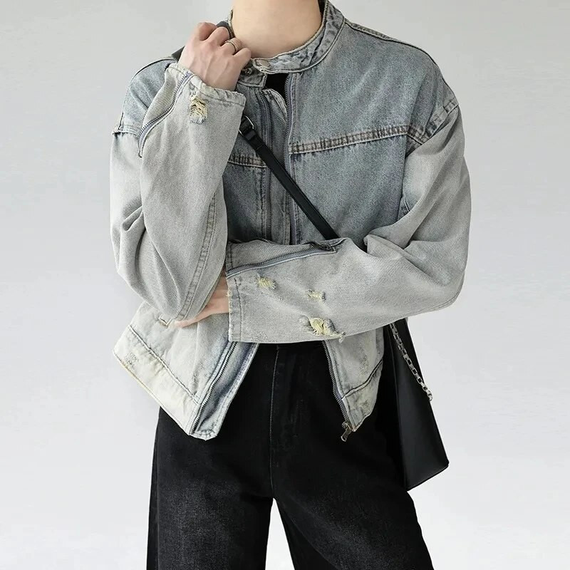 Umyte si vintage džínsovú bundu pre mužov a ženy, voľné kovbojské kabáty s zipsom, dizajnom Distress, unisex japonské univerzitné bundy