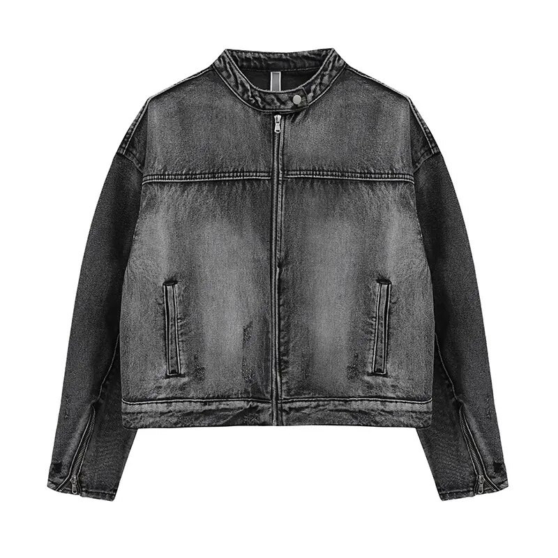 Umyte si vintage džínsovú bundu pre mužov a ženy, voľné kovbojské kabáty s zipsom, dizajnom Distress, unisex japonské univerzitné bundy