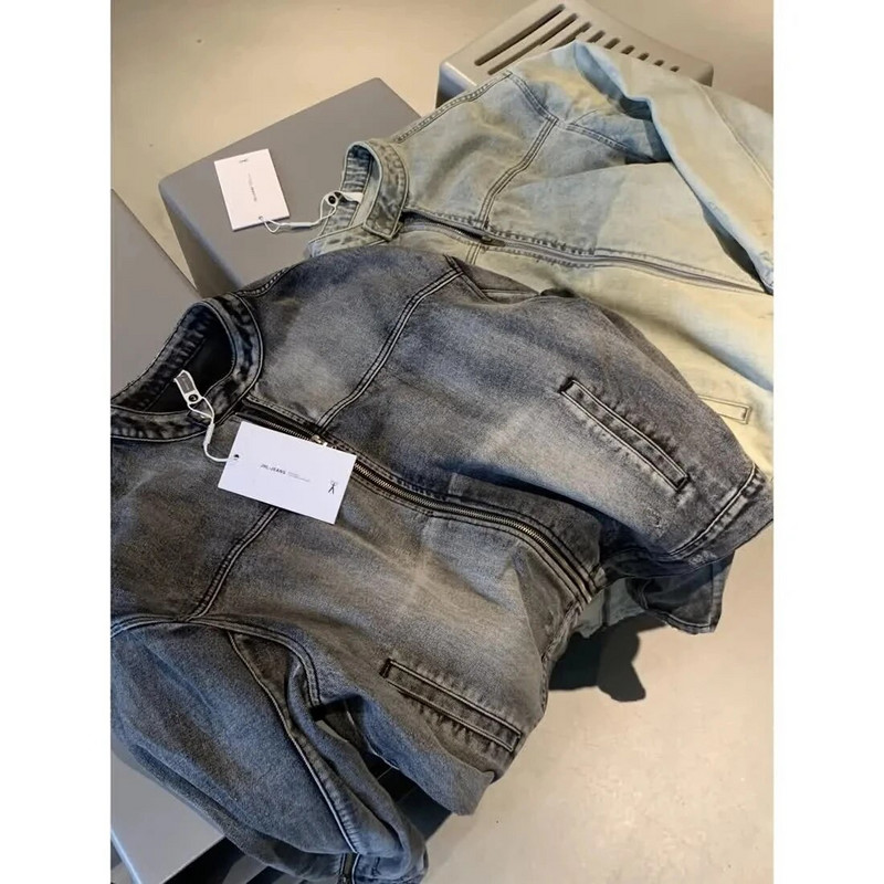 Umyte si vintage džínsovú bundu pre mužov a ženy, voľné kovbojské kabáty s zipsom, dizajnom Distress, unisex japonské univerzitné bundy