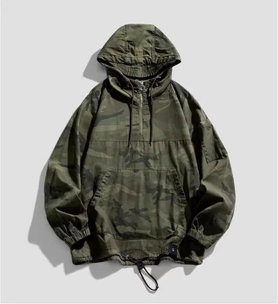 Férfi terepszínű kapucnis kapucnis félcipzáras kültéri szélálló vékony katonai kapucnis töltőkabát Alkalmi bő, hosszú ujjú felvonókabát