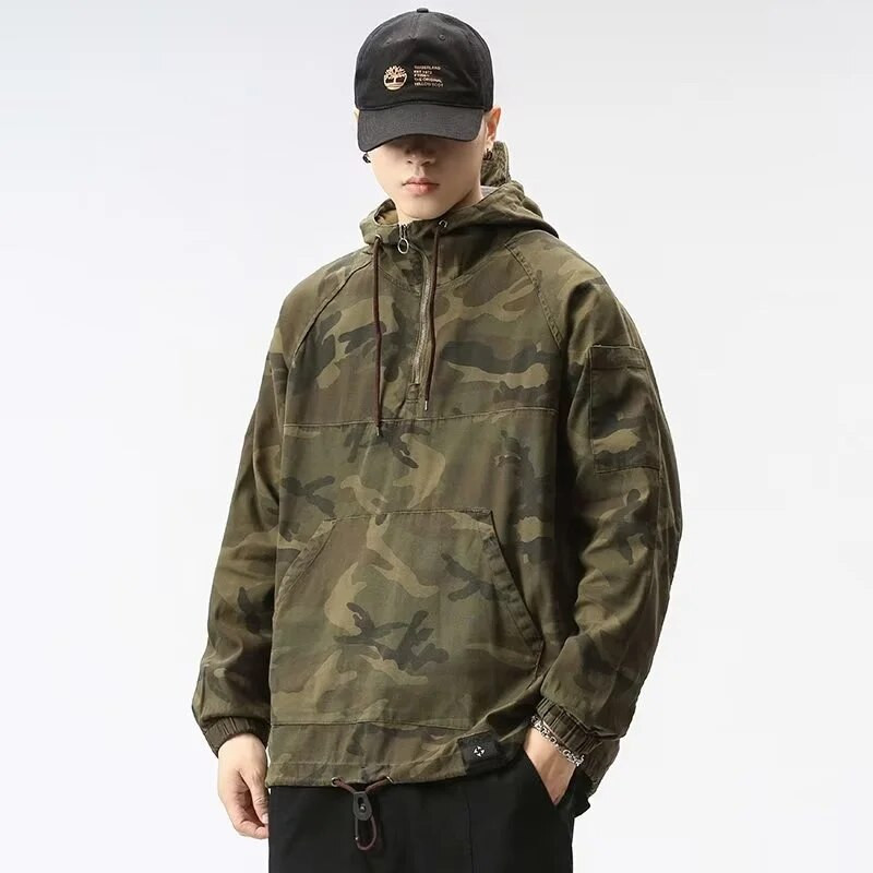 Férfi terepszínű kapucnis kapucnis félcipzáras kültéri szélálló vékony katonai kapucnis töltőkabát Alkalmi bő, hosszú ujjú felvonókabát