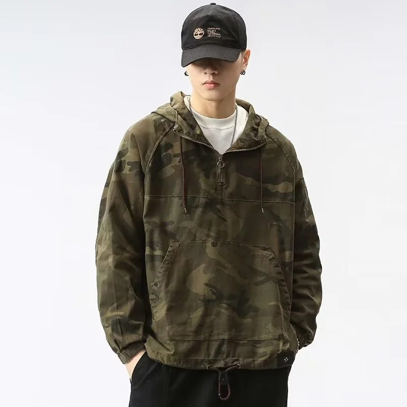 Férfi terepszínű kapucnis kapucnis félcipzáras kültéri szélálló vékony katonai kapucnis töltőkabát Alkalmi bő, hosszú ujjú felvonókabát