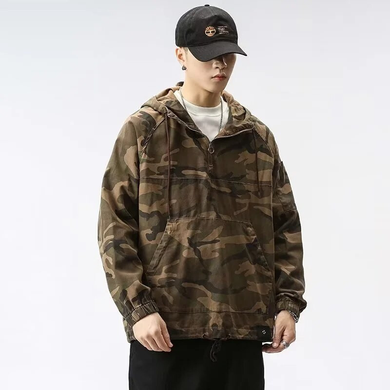 Férfi terepszínű kapucnis kapucnis félcipzáras kültéri szélálló vékony katonai kapucnis töltőkabát Alkalmi bő, hosszú ujjú felvonókabát