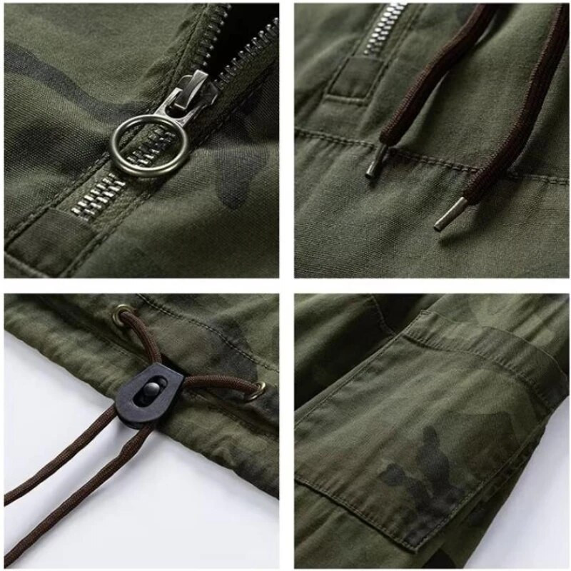 Férfi terepszínű kapucnis kapucnis félcipzáras kültéri szélálló vékony katonai kapucnis töltőkabát Alkalmi bő, hosszú ujjú felvonókabát