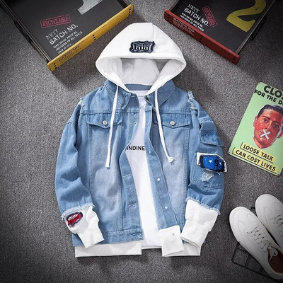 Pánska džínsová bunda Streetwear Hip Hop Pánska kapucňa Jeans Bunda Pánske Ležérne Voľné Vrchné Oblečenie 2022 Nová Jarná Móda Slim Fit Kabát