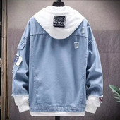 Férfi farmer dzseki Férfi tavaszi felsőruházat Férfi kapucnis farmer dzseki húzózsinóros füles zsebekkel, szakadt lyukakkal Stílusos tavaszra