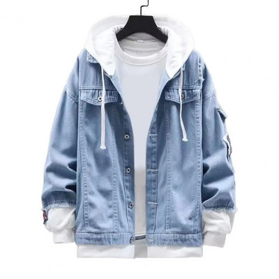 Férfi farmer dzseki Férfi tavaszi felsőruházat Férfi kapucnis farmer dzseki húzózsinóros füles zsebekkel, szakadt lyukakkal Stílusos tavaszra