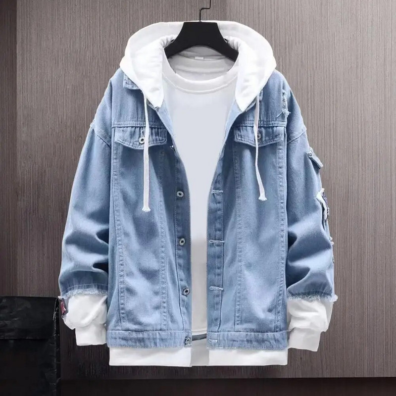 Férfi farmer dzseki Férfi tavaszi felsőruházat Férfi kapucnis farmer dzseki húzózsinóros füles zsebekkel, szakadt lyukakkal Stílusos tavaszra