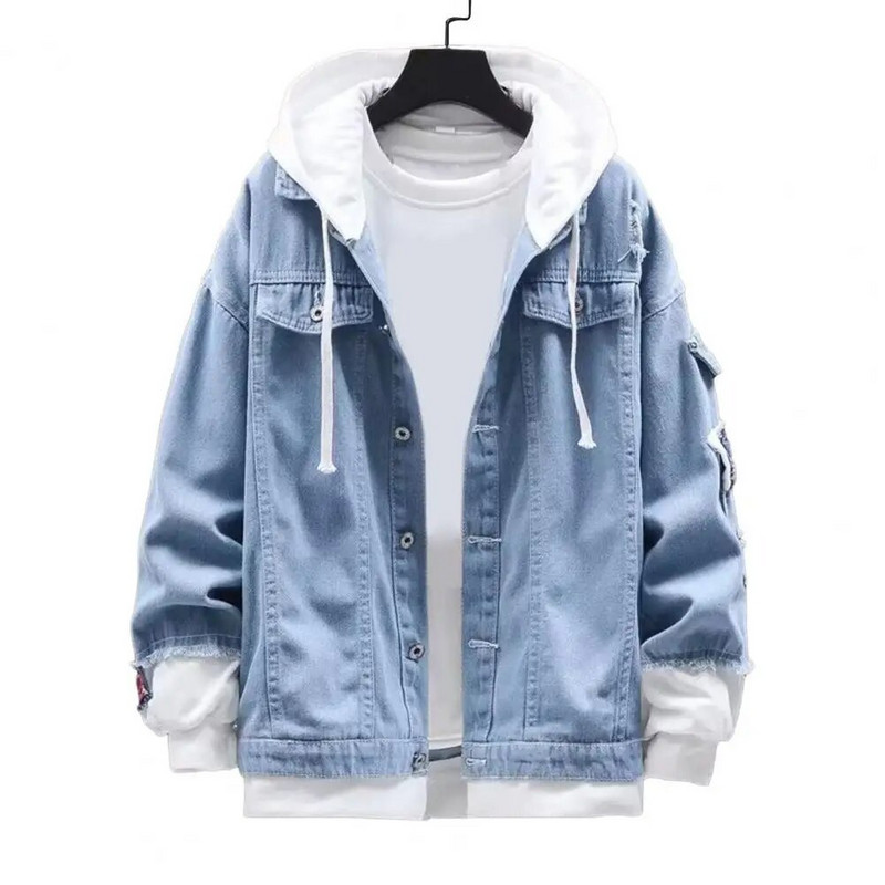 Férfi farmer dzseki Férfi tavaszi felsőruházat Férfi kapucnis farmer dzseki húzózsinóros füles zsebekkel, szakadt lyukakkal Stílusos tavaszra