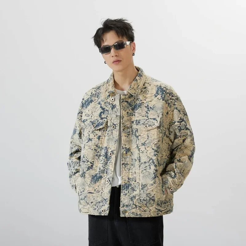 Jesenný pánsky džínsový kabát 2023, potlačený, nový vintage džínsový kabát, štýlový, všestranný módny kabát pre mužov