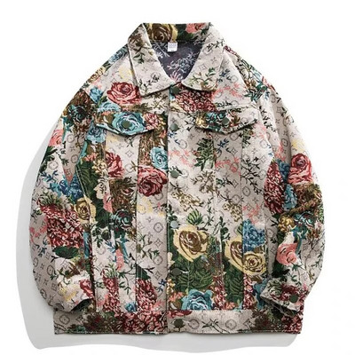 Jachetă de blugi retro pentru bărbați, model de pictură în ulei cu flori, haine largi, unisex, îmbrăcăminte de bombardier, primăvară, toamnă, jachete de varsity