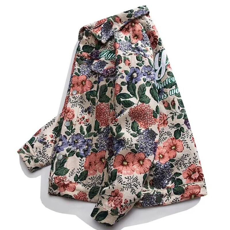 Jachetă de blugi retro pentru bărbați, model de pictură în ulei cu flori, haine largi, unisex, îmbrăcăminte de bombardier, primăvară, toamnă, jachete de varsity