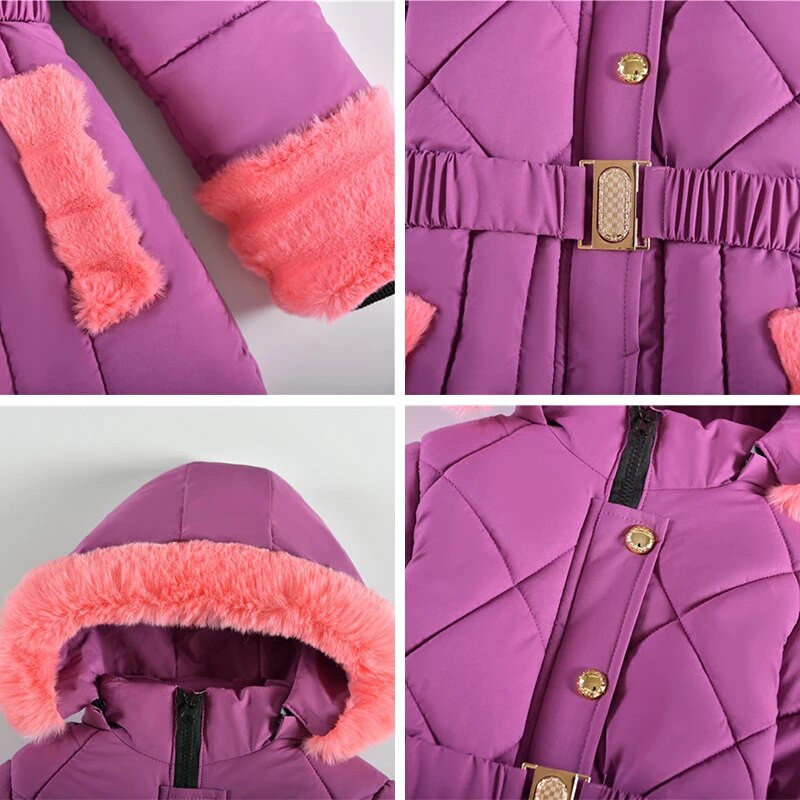 Jachete noi de iarnă pentru fete 2023 Păstrați căldura gulerului de blană, haine de prințesă, cu glugă, cu fermoar, haine pentru copii