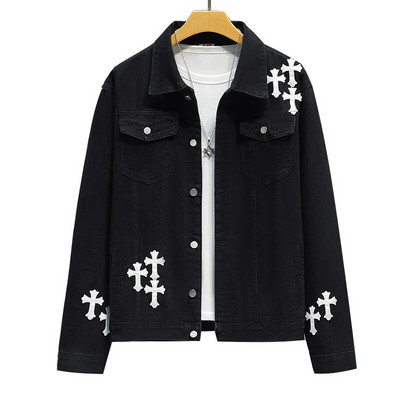 Jachetă de blugi cu broderie în cruce de modă pentru bărbați, primăvară și toamnă, etichetă de modă de stradă, jachetă largi de jean Chaquetas Hombre