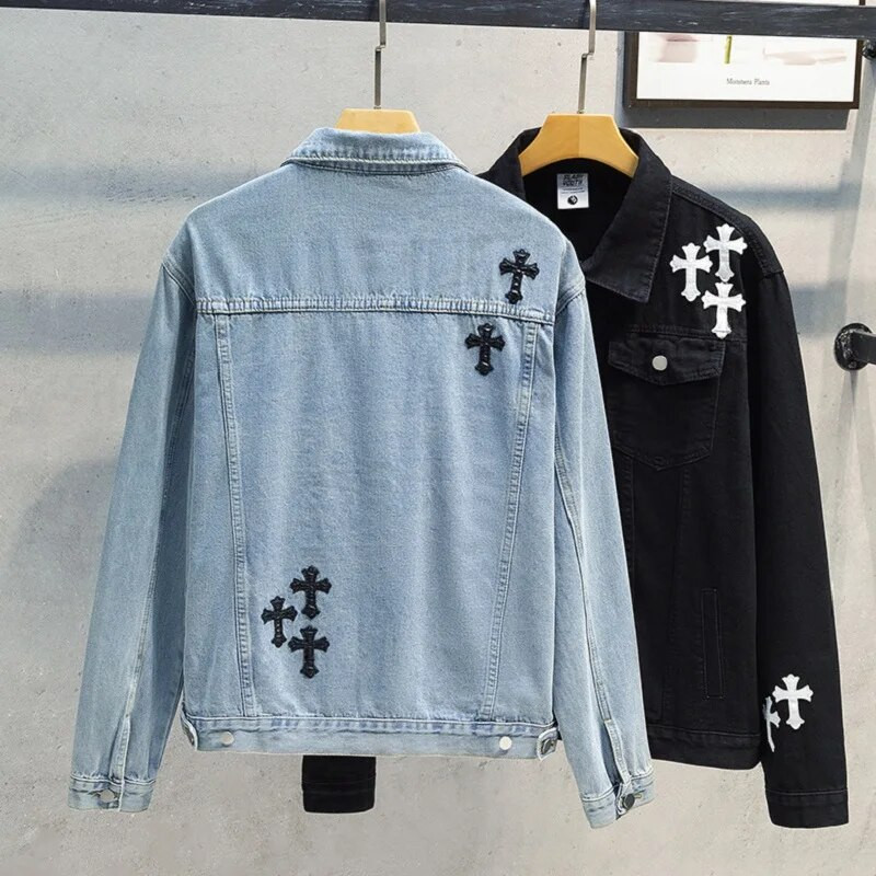 Jachetă de blugi cu broderie în cruce de modă pentru bărbați, primăvară și toamnă, etichetă de modă de stradă, jachetă largi de jean Chaquetas Hombre