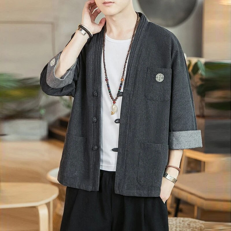 Džinsinė kimono striukė Vyriška mada laisvalaikio džinsai striukės paltai vyriško kiniško stiliaus mygtukų dizainas