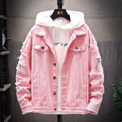 ZOGAA Pánska džínsová bunda, ležérna roztrhaná voľná džínsová bunda, pánska džínsová bunda, módna ležérna jednofarebná pánska streetwear bunda