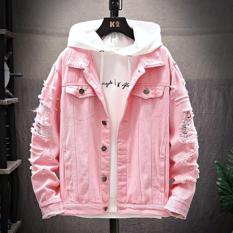 ZOGAA Pánska džínsová bunda, ležérna roztrhaná voľná džínsová bunda, pánska džínsová bunda, módna ležérna jednofarebná pánska streetwear bunda