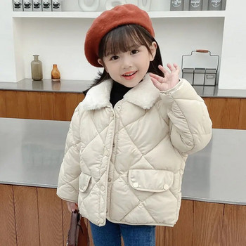 Есенно-зимно детско корейско яке с широка пухена подплата, момичета, момчета, палто с диамантена решетка и удебелена топла яка с кожа