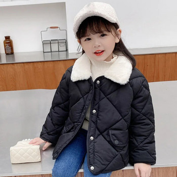 Есенно-зимно детско корейско яке с широка пухена подплата, момичета, момчета, палто с диамантена решетка и удебелена топла яка с кожа