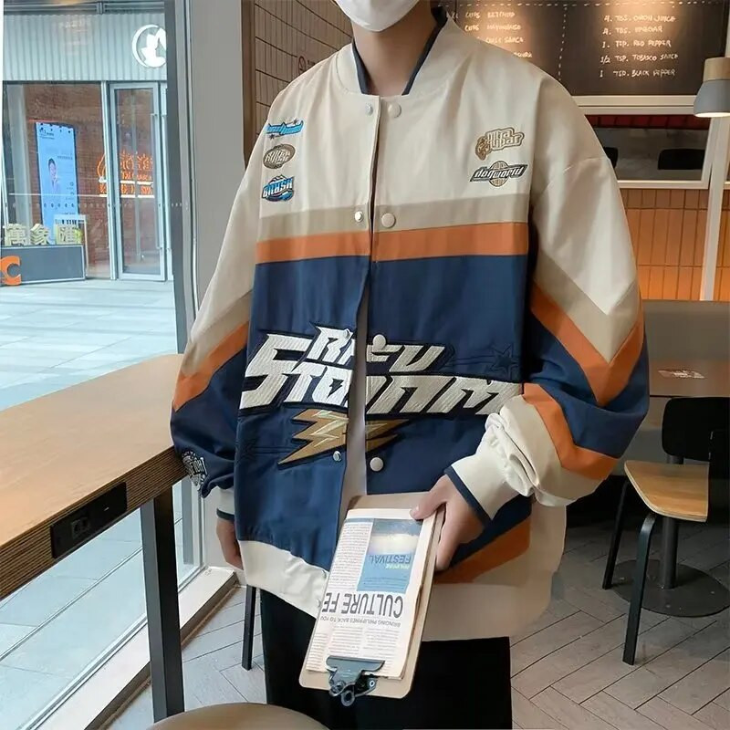 Jachete de baseball brodate Bărbați Jachete de curse de stradă pentru cuplu Haina de motocicletă Retro ocazional Paltoane de mozaic unisex