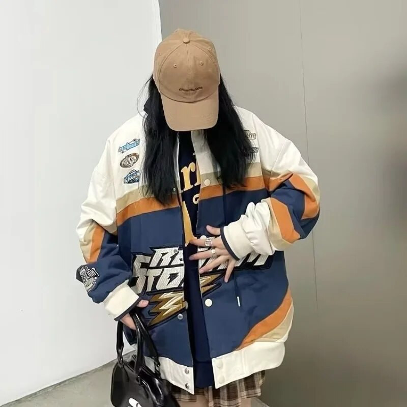 Jachete de baseball brodate Bărbați Jachete de curse de stradă pentru cuplu Haina de motocicletă Retro ocazional Paltoane de mozaic unisex