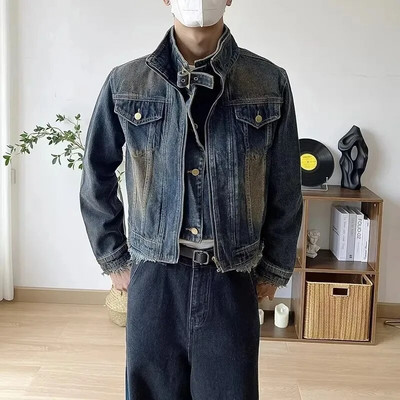 Jachetă de blugi retro cu două designuri false, bărbați, femei, cu fermoar scurt, paltoane de cowboy cu un singur piept, albastru spălat, guler în picioare, îmbrăcăminte unisex