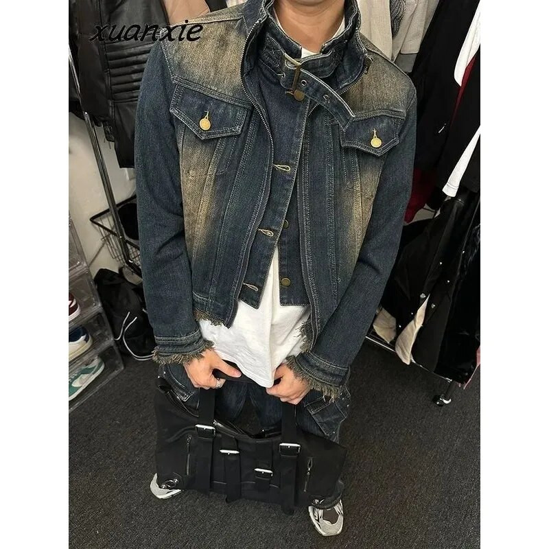 Jachetă de blugi retro cu două designuri false, bărbați, femei, cu fermoar scurt, paltoane de cowboy cu un singur piept, albastru spălat, guler în picioare, îmbrăcăminte unisex