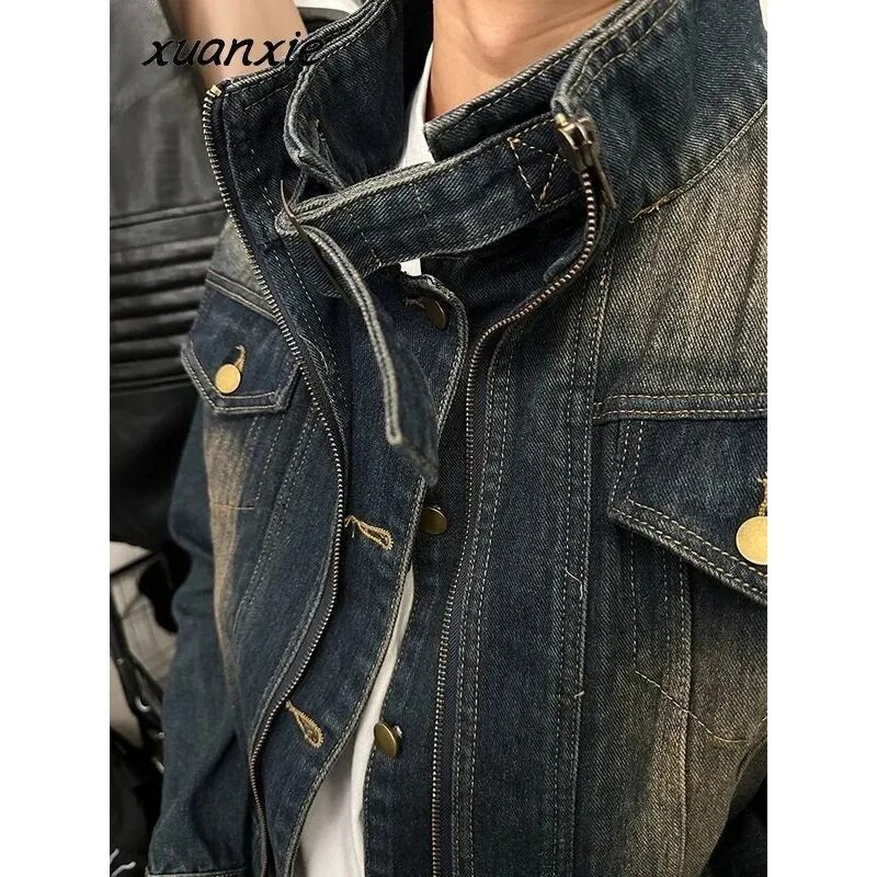 Jachetă de blugi retro cu două designuri false, bărbați, femei, cu fermoar scurt, paltoane de cowboy cu un singur piept, albastru spălat, guler în picioare, îmbrăcăminte unisex