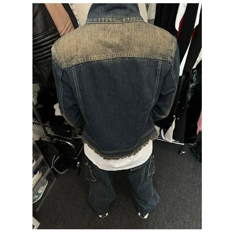 Jachetă de blugi retro cu două designuri false, bărbați, femei, cu fermoar scurt, paltoane de cowboy cu un singur piept, albastru spălat, guler în picioare, îmbrăcăminte unisex