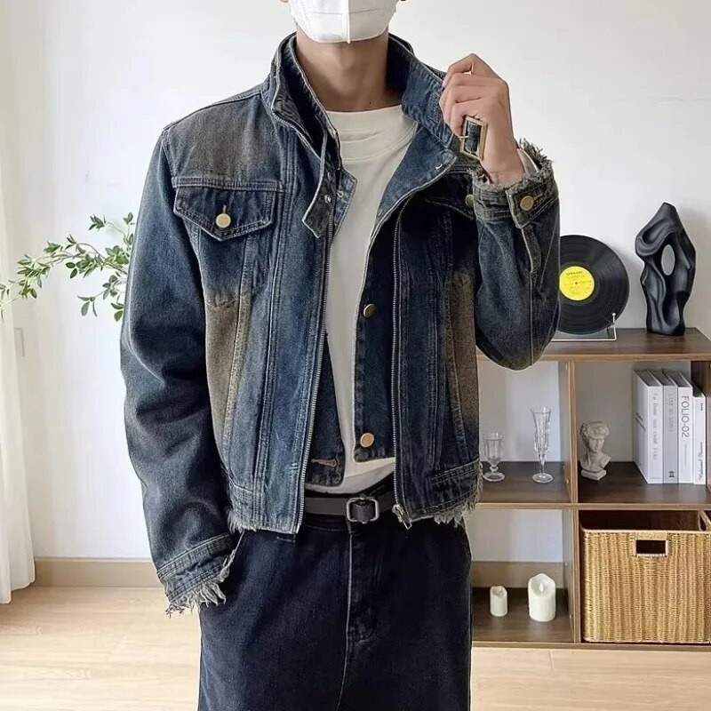 Jachetă de blugi retro cu două designuri false, bărbați, femei, cu fermoar scurt, paltoane de cowboy cu un singur piept, albastru spălat, guler în picioare, îmbrăcăminte unisex