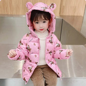 Zimná teplá bunda s kapucňou a páperovým kabátom s kreslenou potlačou pre chlapca a dievčatko vo veku 2-7 rokov, detské oblečenie Beibei v kórejskej verzii