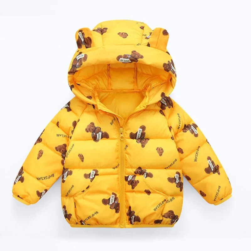 Zimná teplá bunda s kapucňou a páperovým kabátom s kreslenou potlačou pre chlapca a dievčatko vo veku 2-7 rokov, detské oblečenie Beibei v kórejskej verzii