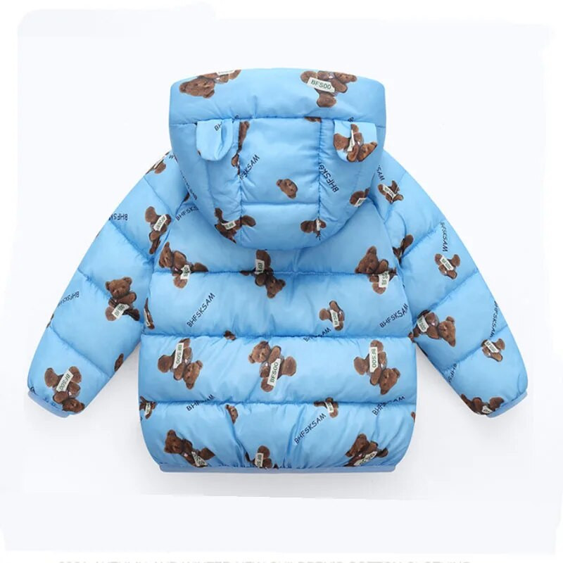 Zimná teplá bunda s kapucňou a páperovým kabátom s kreslenou potlačou pre chlapca a dievčatko vo veku 2-7 rokov, detské oblečenie Beibei v kórejskej verzii