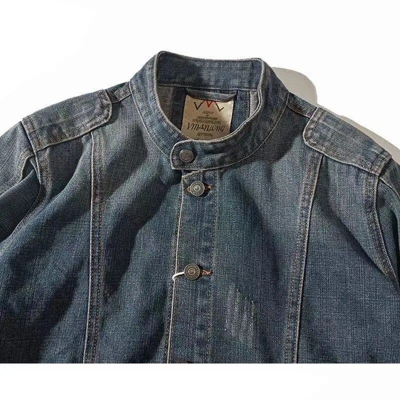 Džinsinė striukė Vyriškos vintažinės sagos pavasario rudens negabaritinės darbinės striukės stovi apykakle ilgomis rankovėmis Vienaeiliai kaubojiški viršutiniai drabužiai