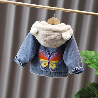 Φθινοπωρινό χειμωνιάτικο τζιν μπουφάν για κορίτσια με γούνα φιόγκο με κουκούλα βελούδινο χοντρό μωρό πανωφόρι παλτό 2-9 ετών Κορεάτικο Παιδικό Ζεστό στολή Parka